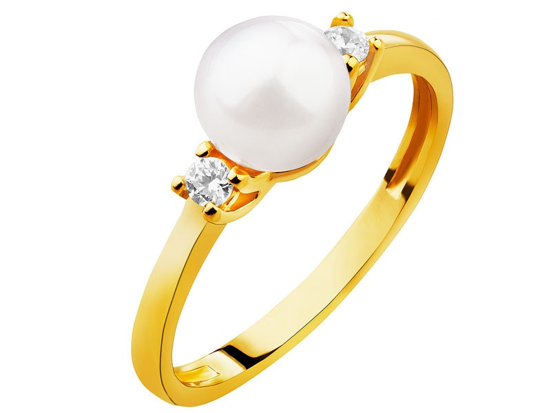 Złoty pierścionek z perłą i cyrkoniami