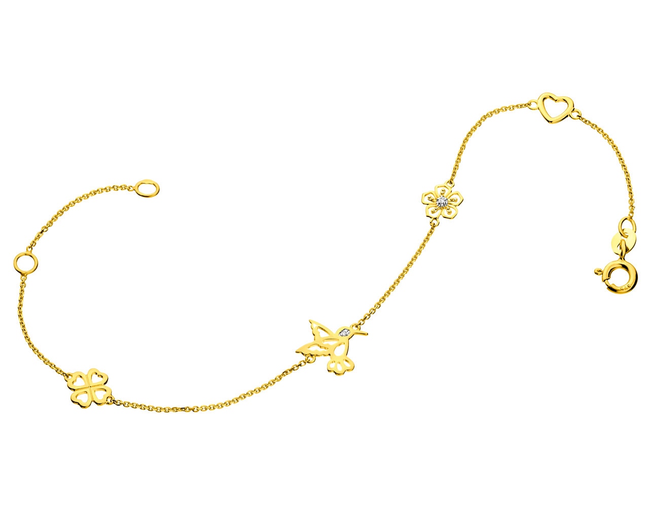 Bransoleta z żółtego złota z diamentami  - koliber, koniczyna, kwiatek 0,01 ct - próba 375