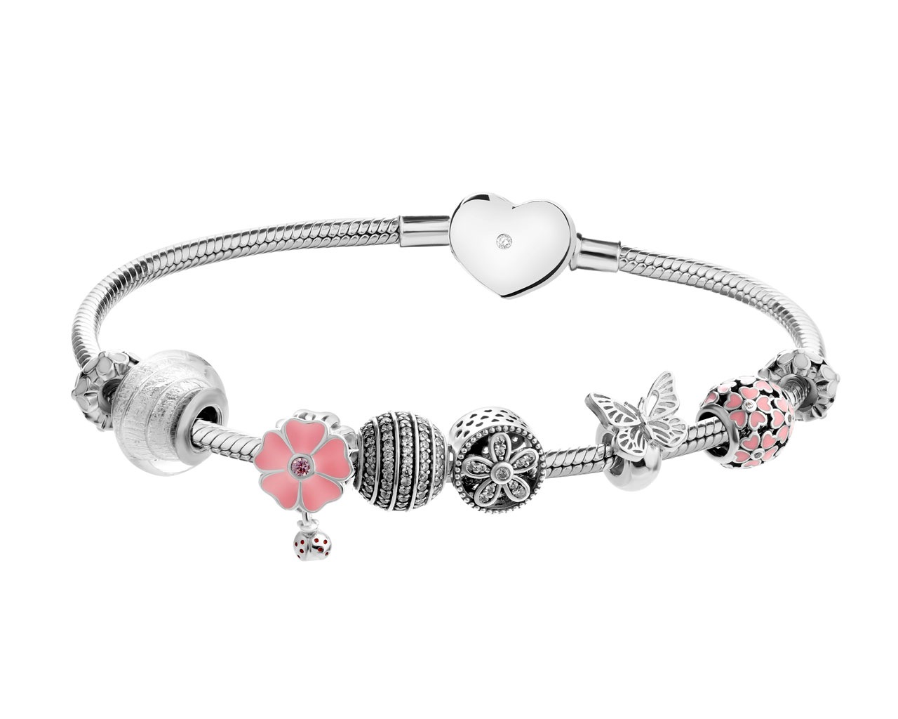Stříbrný náramek beads - sada - motýl, květy, beruška