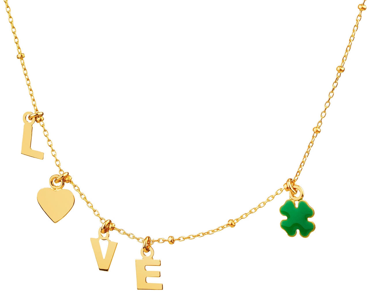 Zlatý náhrdelník se smaltem - Love, srdce, čtyřlístek