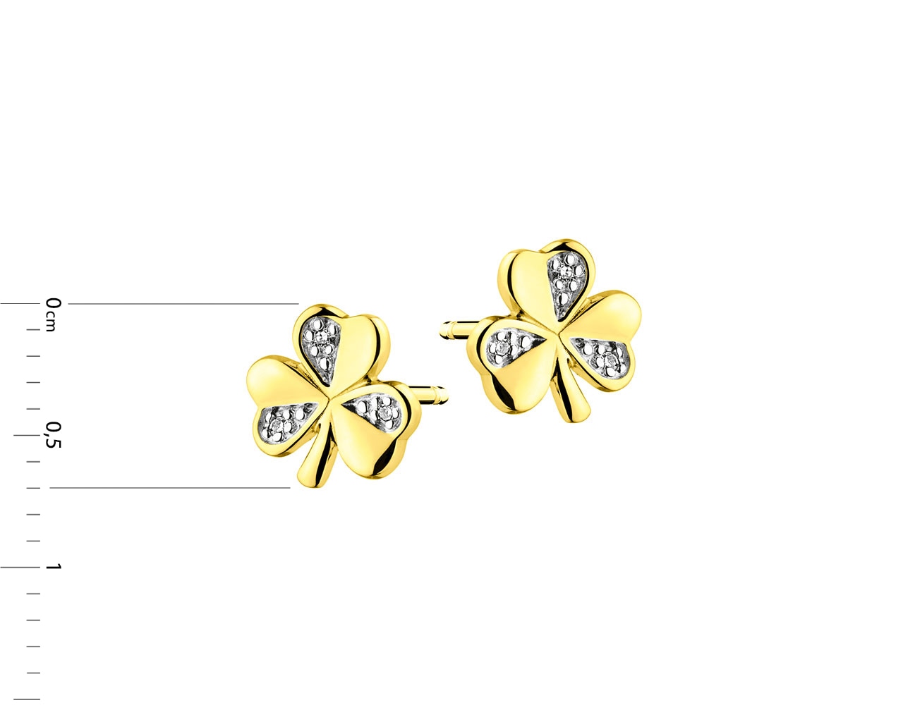 Kolczyki z żółtego złota z diamentami - koniczynki 0,01 ct - próba 375
