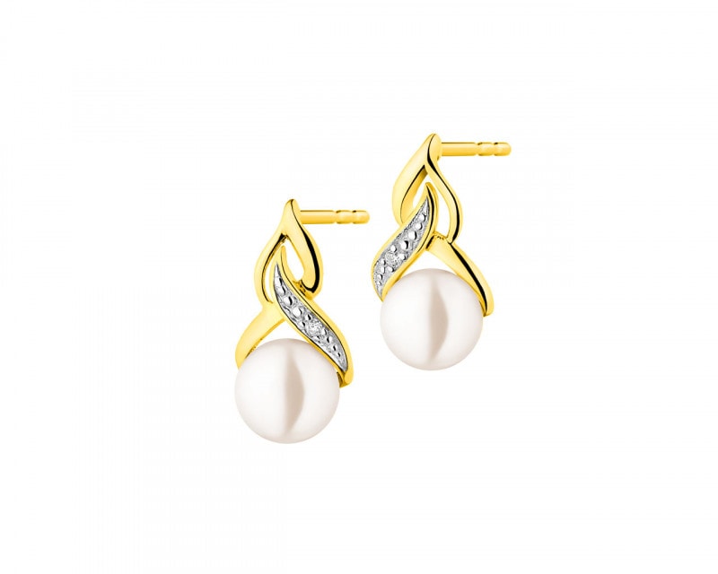 9 K Rhodium-Plated Yellow Gold Earrings with Diamonds - fineness 9 K