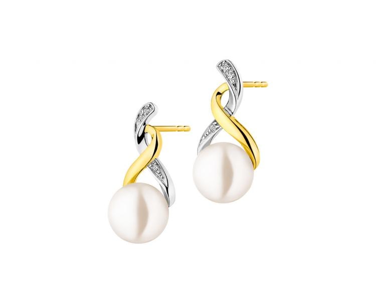 9 K Rhodium-Plated Yellow Gold Earrings with Diamonds - fineness 9 K