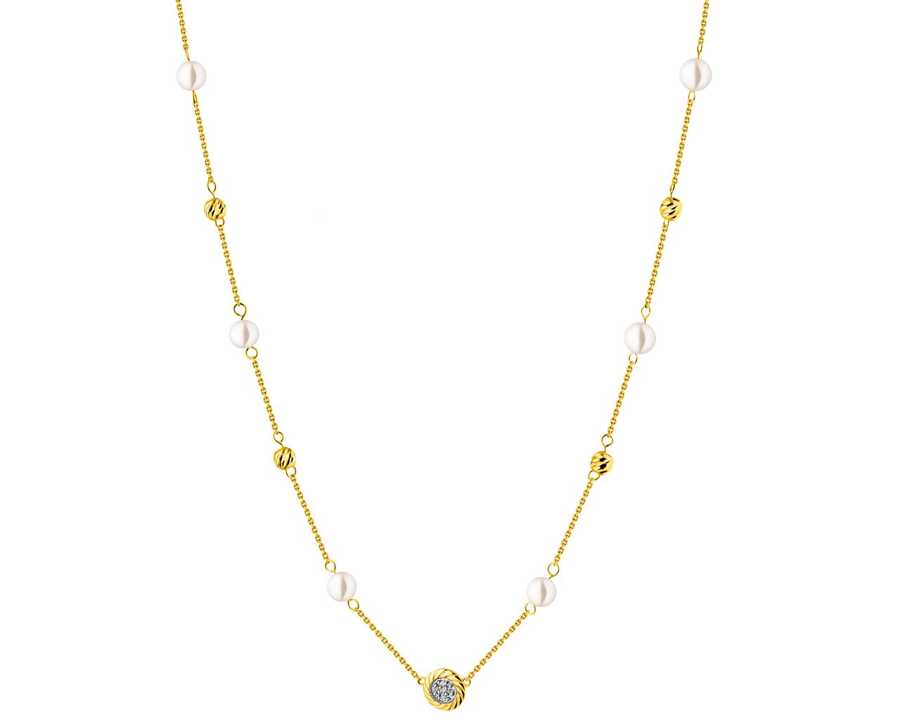 Naszyjnik z żółtego złota z diamentami i perłami 0,02 ct - próba 375