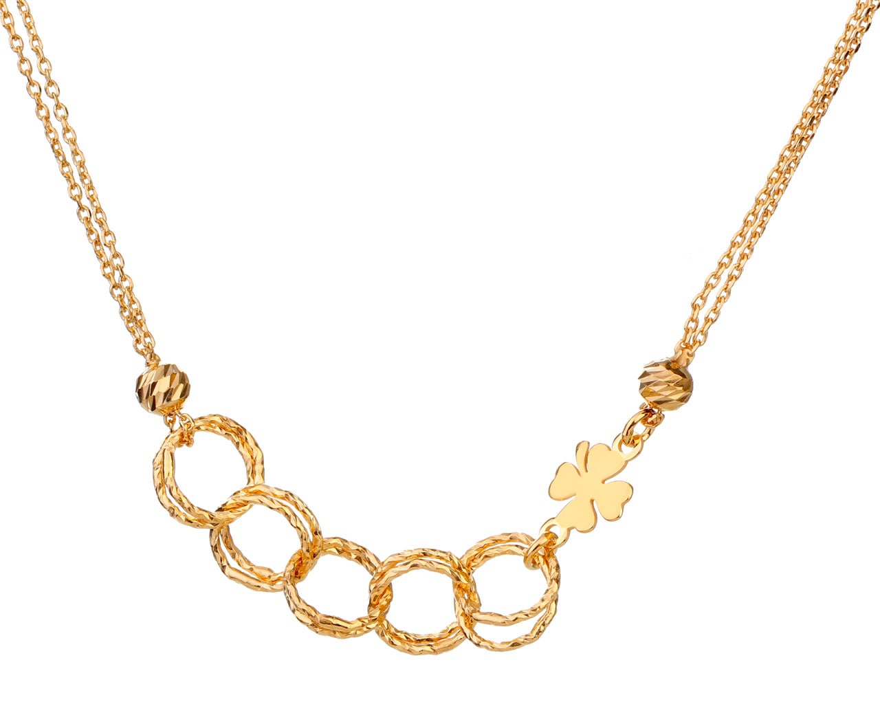 Pozlacený stříbrný náhrdelník - čtyřlístek, kroužky