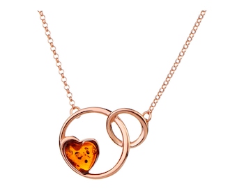 Pozlacený stříbrný náhrdelník s jantarem - srdce, kroužky