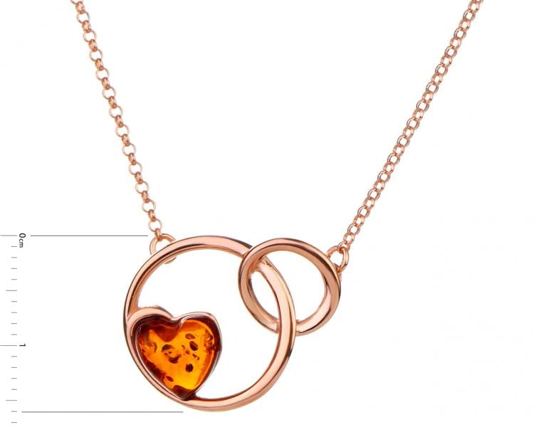 Pozlacený stříbrný náhrdelník s jantarem - srdce, kroužky