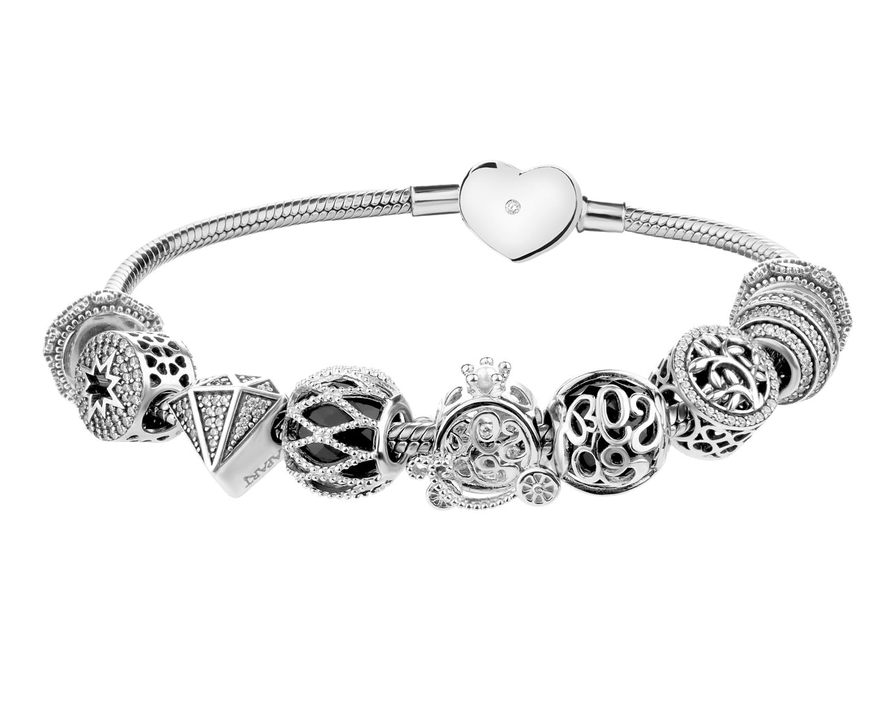 Stříbrný náramek beads - sada - strom života, hvězda, kočár, diamant, srdce 