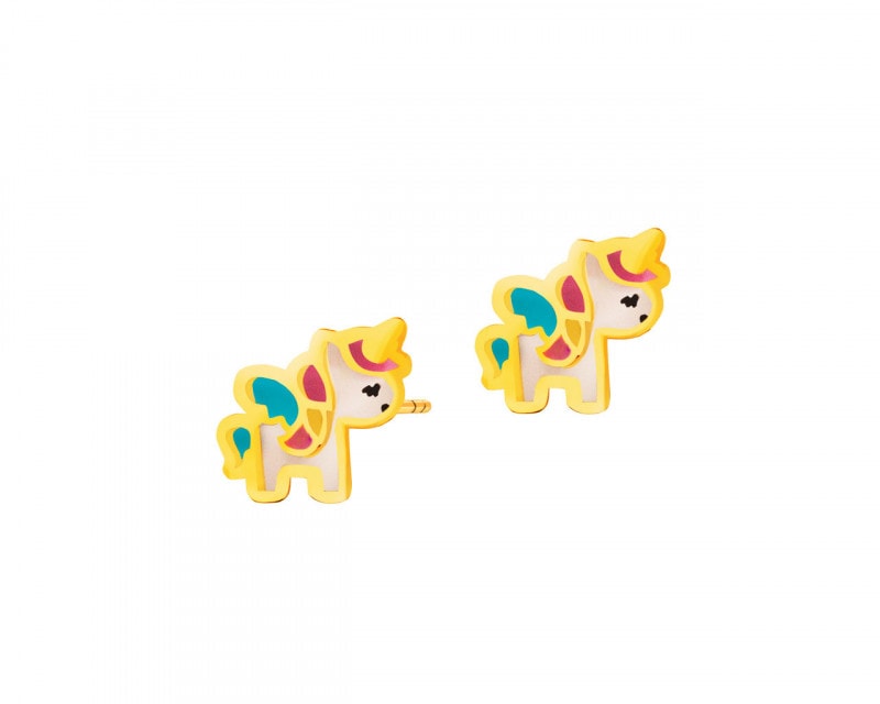 Yellow Gold & Enamel Earrings - Unicorn