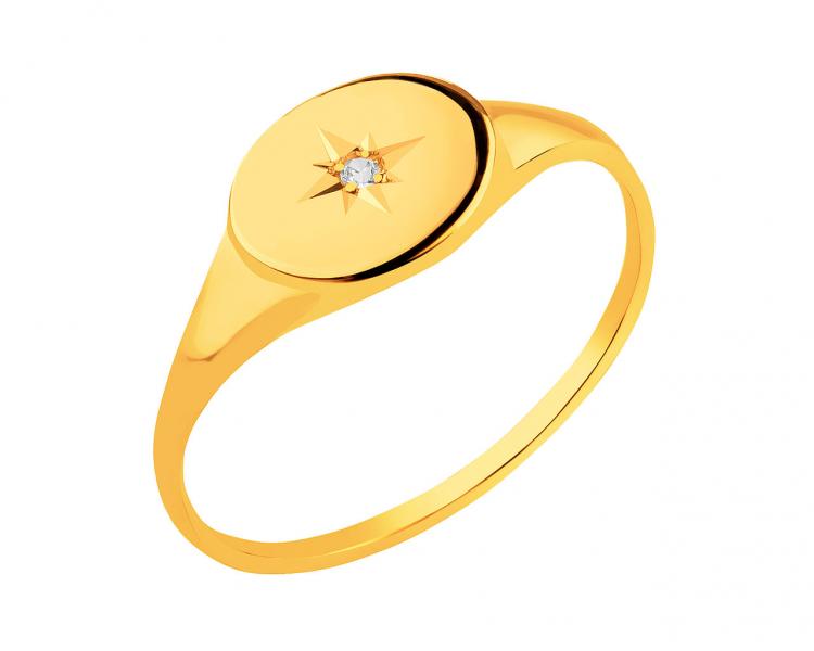 Złoty pierścionek z cyrkonią - sygnet,  gwiazda 