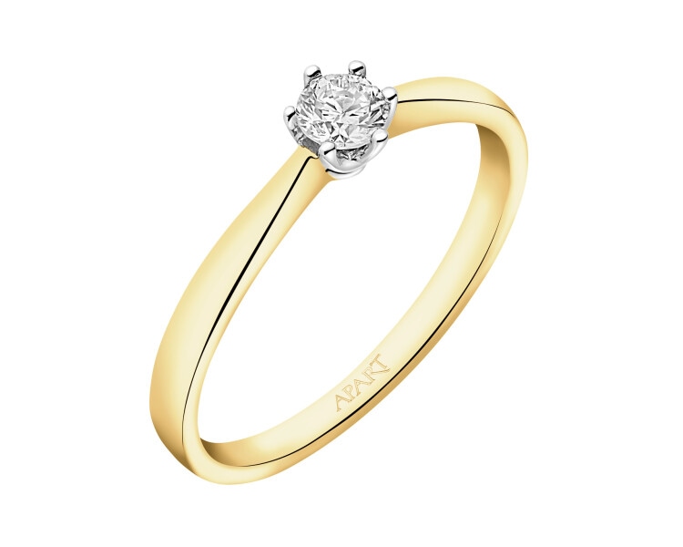 14 K Rhodium-Plated Yellow Gold Ring with Brilliant Cut Diamond - 0,30 ct - fineness 14 K