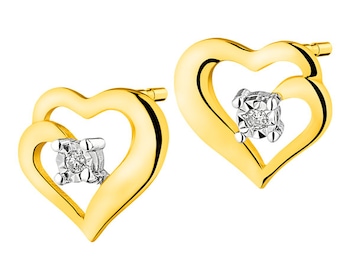Kolczyki z żółtego i białego złota z brylantami - serca 0,01 ct - próba 375