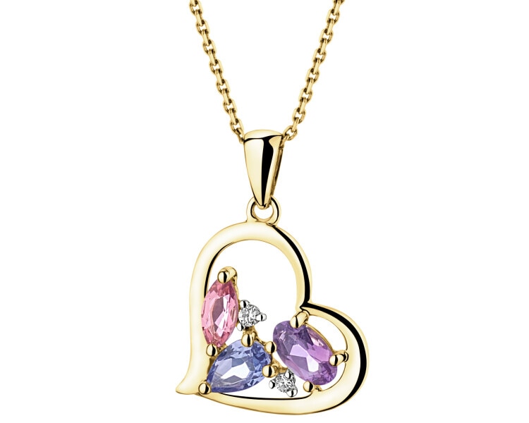 Yellow gold pendant with brilliant cut diamonds, tanzanite, amethyst and tourmaline - heart - fineness 9 K