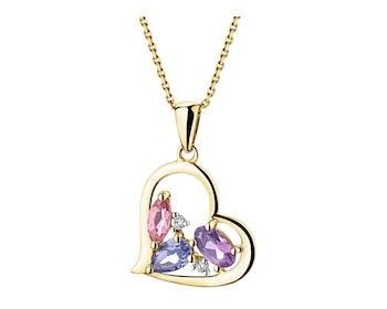 Yellow gold pendant with brilliant cut diamonds, tanzanite, amethyst and tourmaline - heart - fineness 9 K