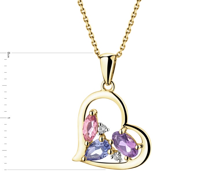 Yellow gold pendant with brilliant cut diamonds, tanzanite, amethyst and tourmaline - heart - fineness 9 K