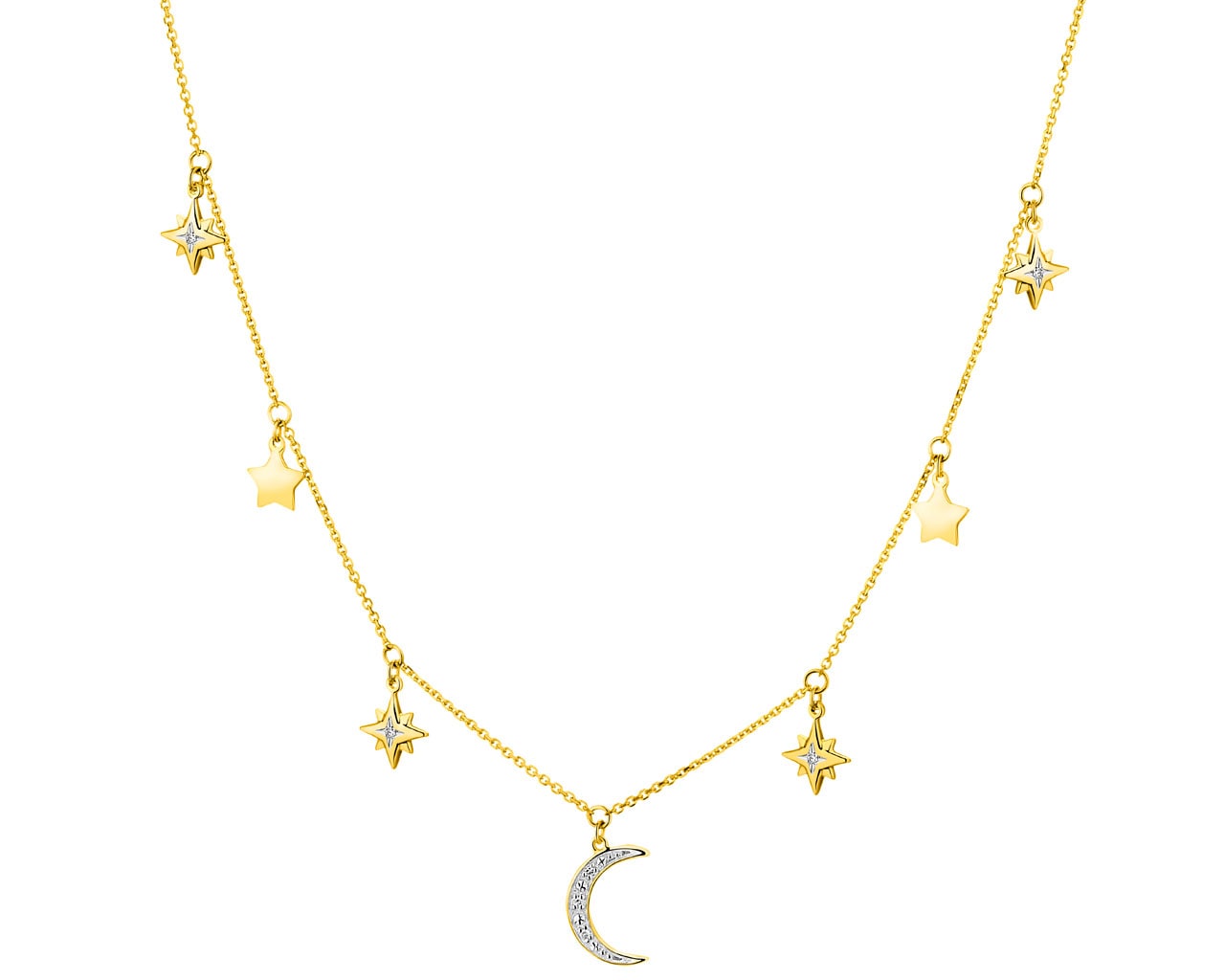 Naszyjnik z żółtego złota z diamentami - Księżyc, gwiazdy 0,02 ct - próba 585