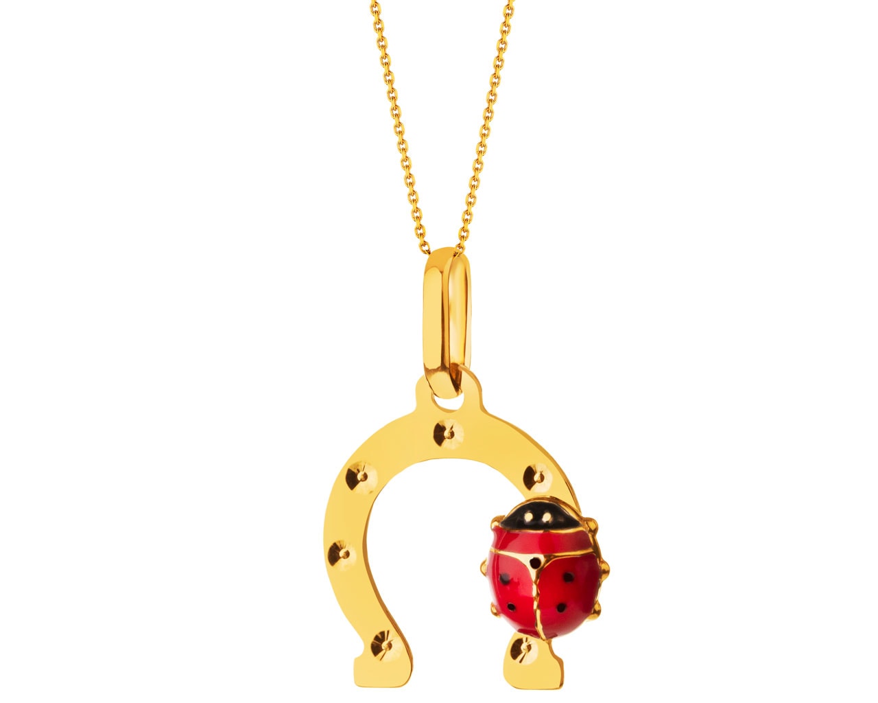 Yellow gold pendant with enamel - horseshoe, ladybird