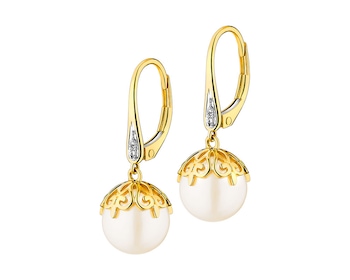 14 K Rhodium-Plated Yellow Gold Earrings with Diamonds - fineness 14 K