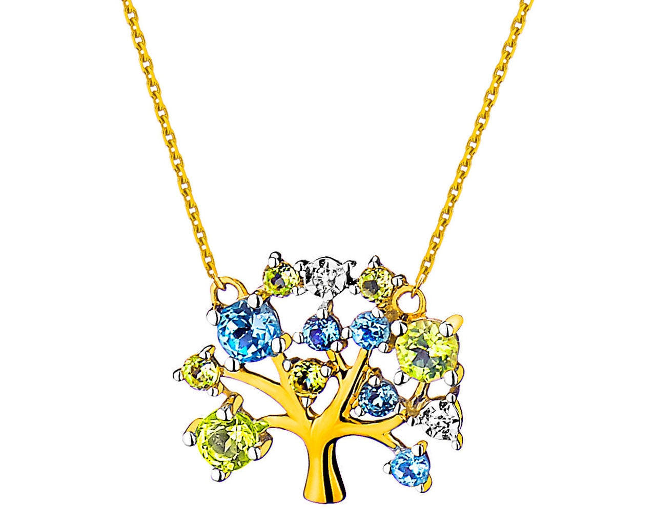 Naszyjnik z żółtego złota z diamentami, peridotami i topazami - drzewko 0,006 ct - próba 375