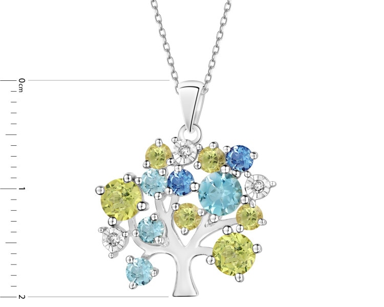 Přívěsek z bílého zlata s diamanty, peridoty a topazy - strom - ryzost 585