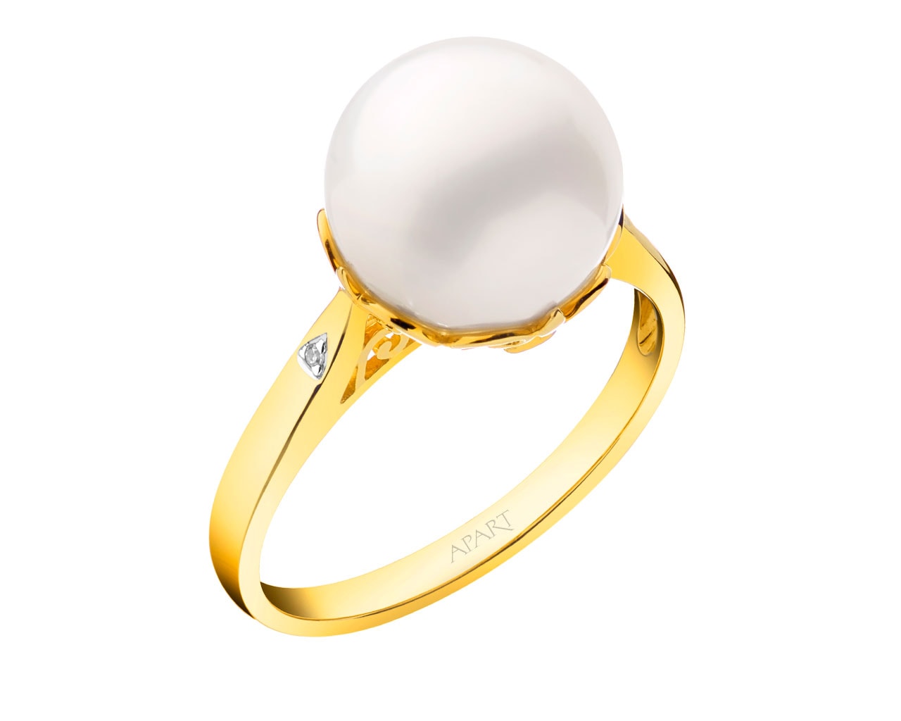 Prsten ze žlutého zlata s diamanty a perlou 0,01 ct - ryzost 585