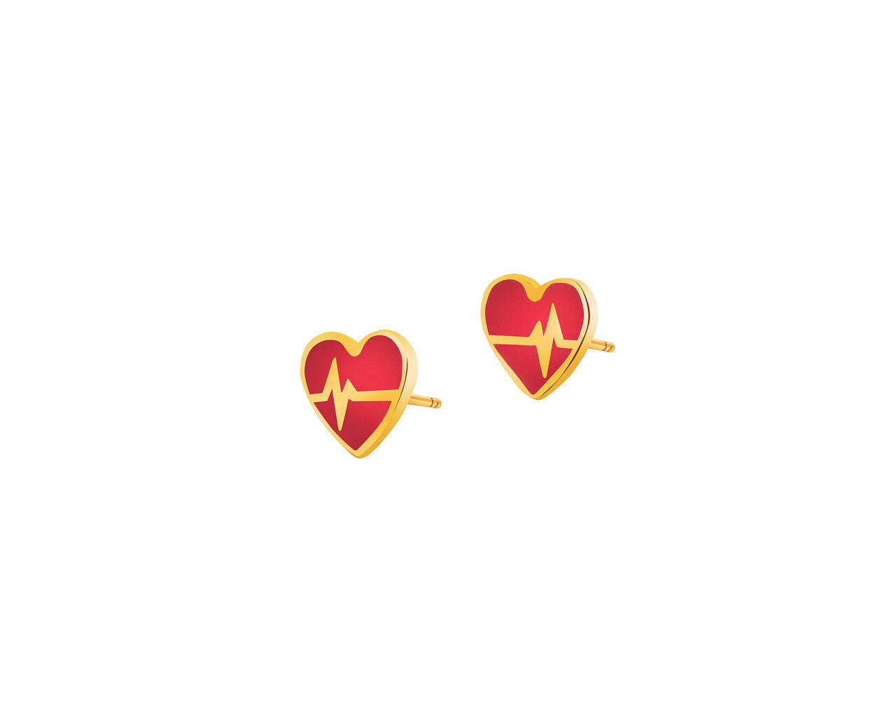 Złote kolczyki z emalią - serca, EKG serca