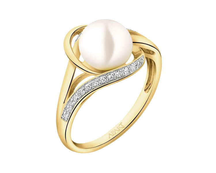 14 K Rhodium-Plated Yellow Gold Ring with Diamonds - fineness 14 K