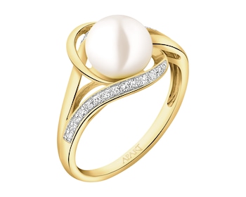 14 K Rhodium-Plated Yellow Gold Ring with Diamonds - fineness 14 K