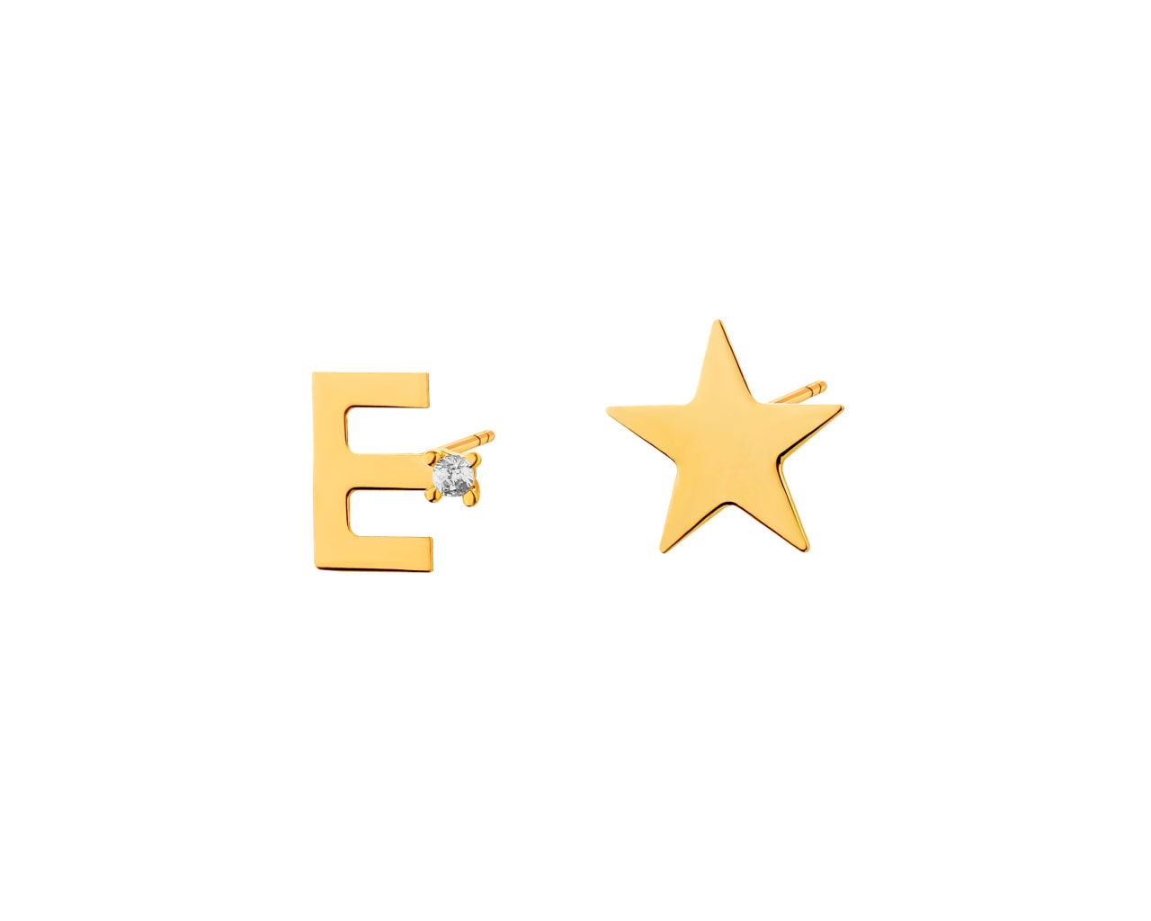 Złote kolczyki z cyrkonią - litera E, gwiazda