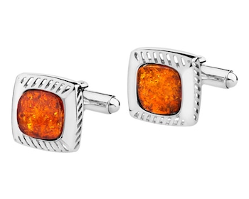 Rhodium Plated Silver Cufflink with Amber