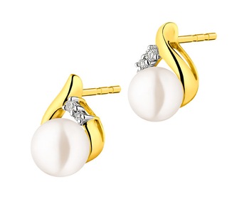 Yellow gold earrings with diamonds and pearls - fineness 9 K