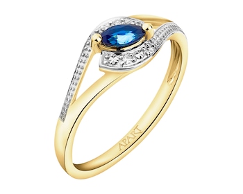 Yellow gold ring with diamonds and sapphire - fineness 9 K