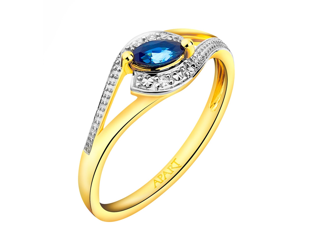 Yellow gold ring with diamonds and sapphire 0,01 ct - fineness 9 K