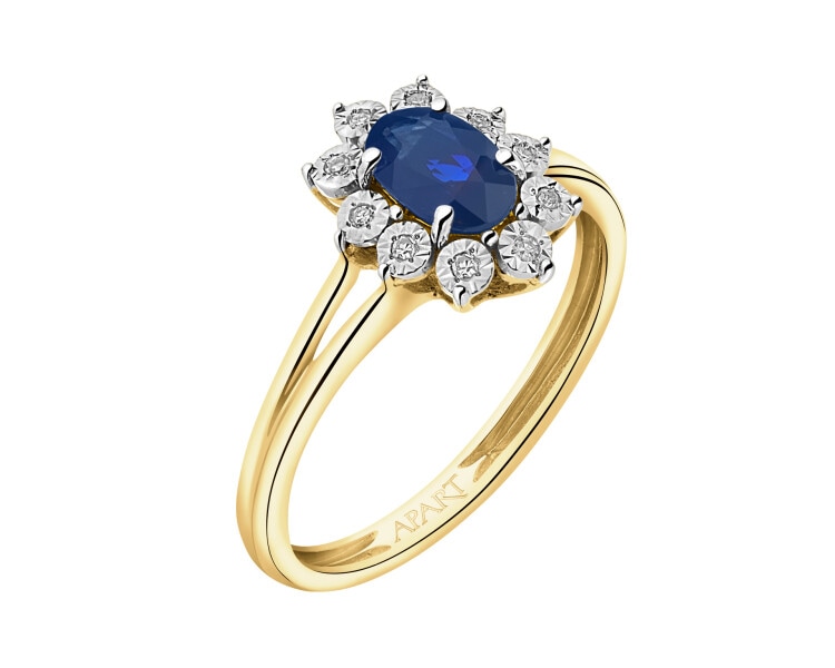 Yellow gold ring with diamonds and sapphire - fineness 585