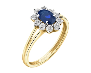 Yellow gold ring with diamonds and sapphire - fineness 585