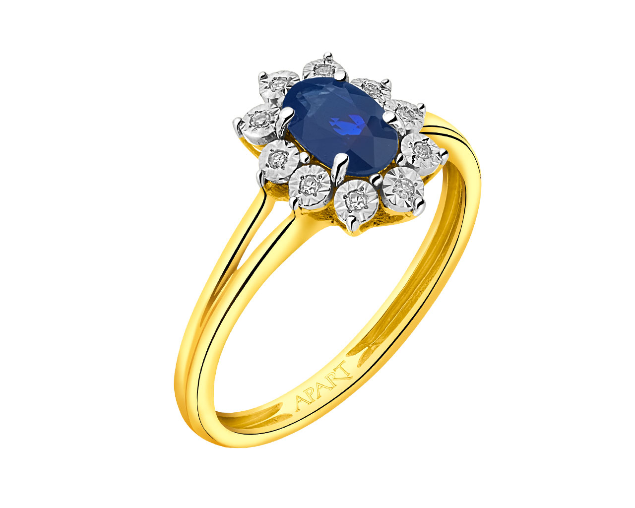 Yellow gold ring with diamonds and sapphire 0,03 ct - fineness 14 K