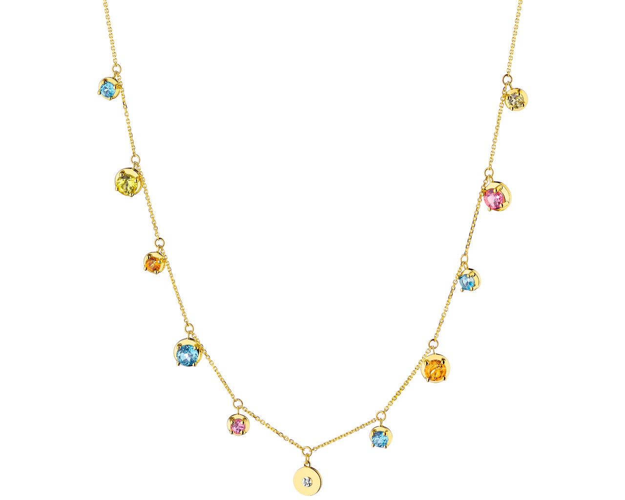 Zlatý náhrdelník s diamantem a drahokamy 0,005 ct - ryzost 585