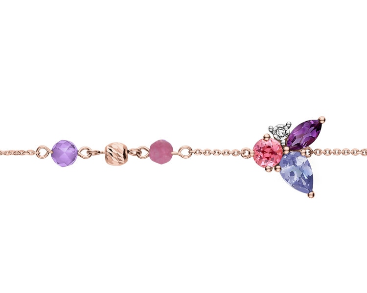 Bransoletka z różowego złota z diamentem, kamieniami szlachetnymi i ozdobnymi - próba 375