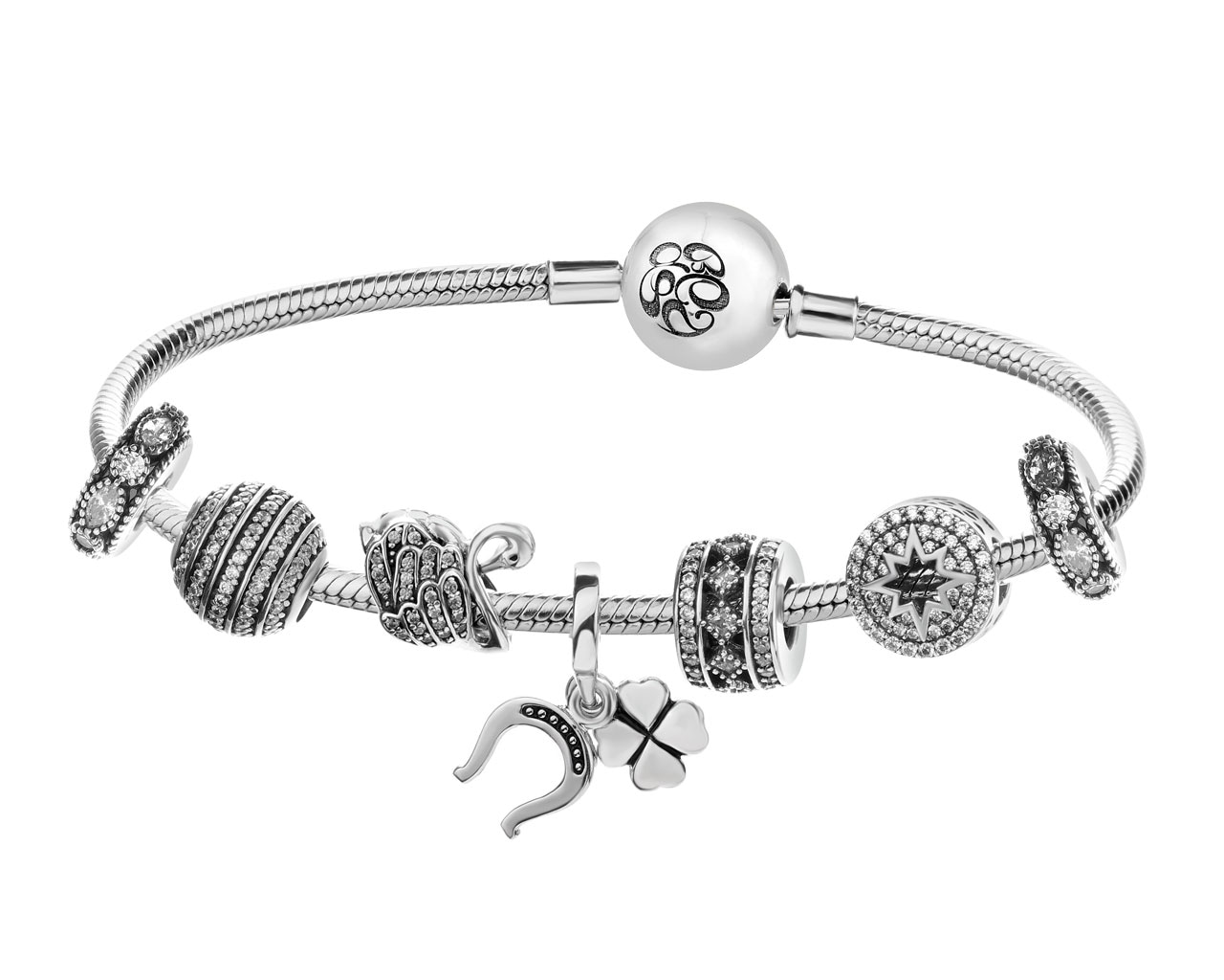 Silver bracelet Beads - set - clover, horseshoe, swan, stars