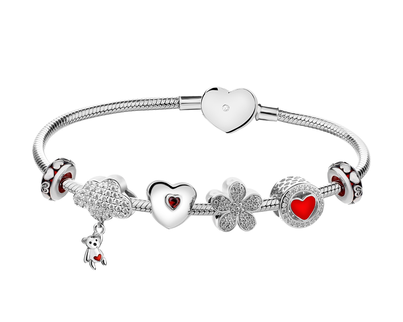 Stříbrný náramek beads - sada - medvídek, oblak, srdce, květ