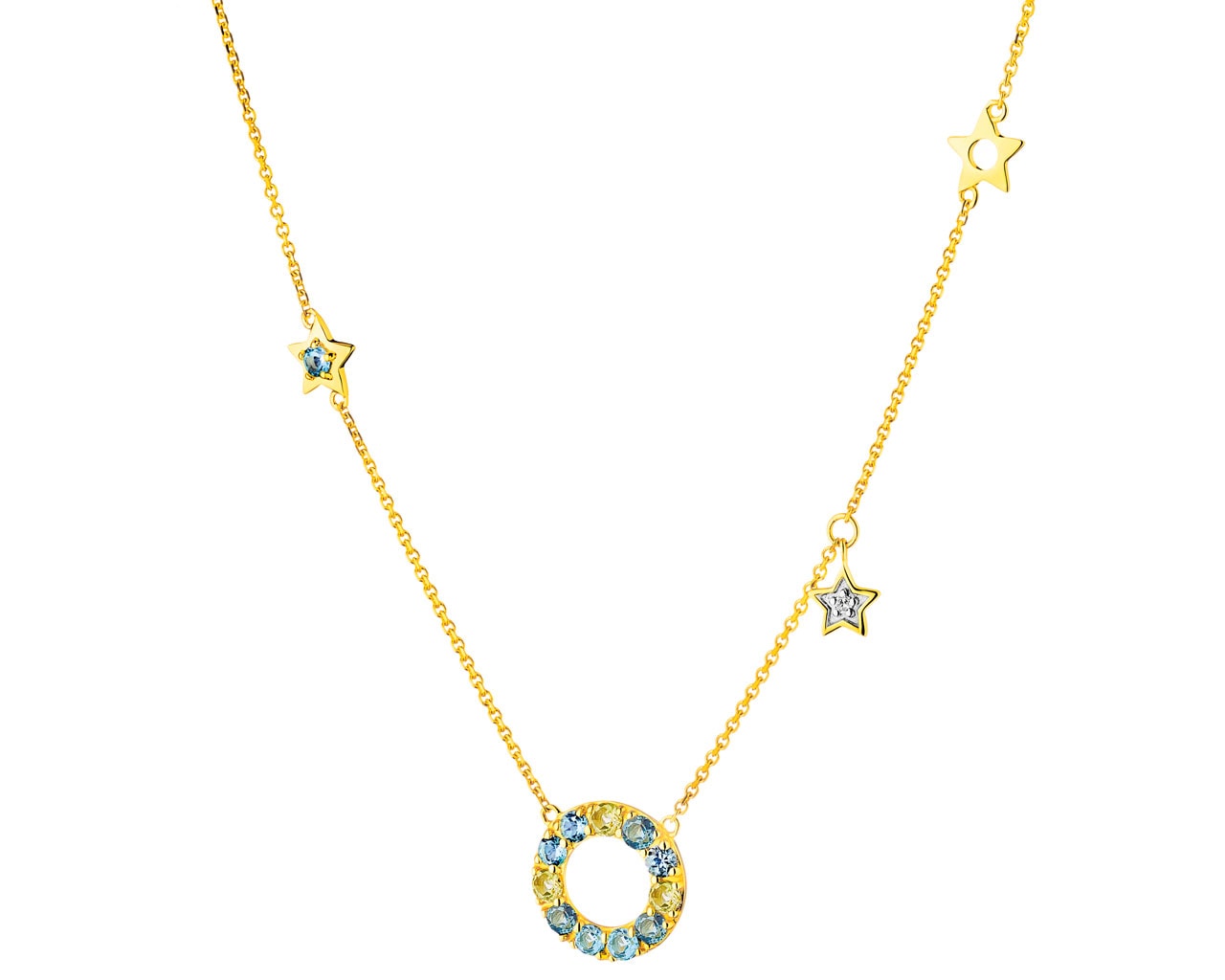 Naszyjnik z żółtego złota z diamentem, peridotami i topazami - gwiazdy  0,006 ct - próba 375