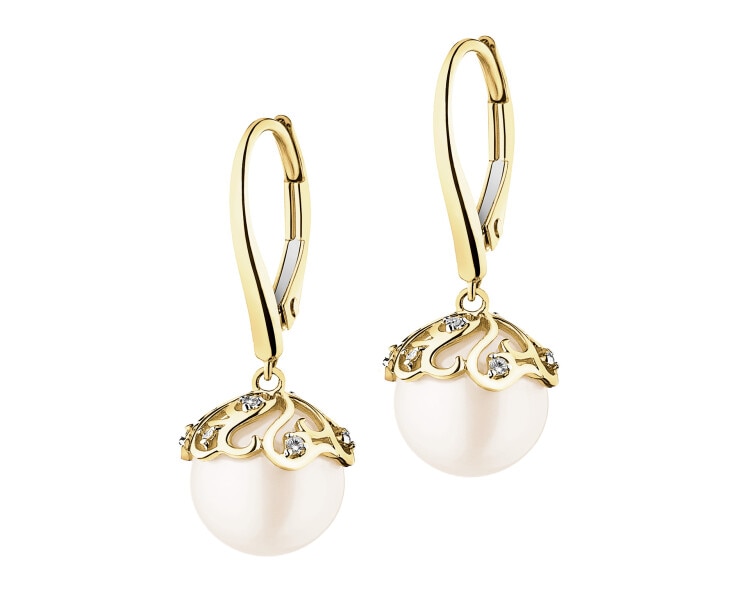 14 K Rhodium-Plated Yellow Gold Earrings with Diamonds - fineness 14 K