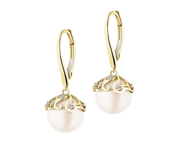 14 K Rhodium-Plated Yellow Gold Earrings with Diamonds - fineness 14 K