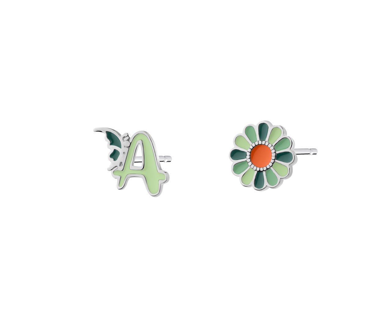 Silver earrings with enamel - letter A, flower