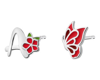 Silver earrings with enamel - letter A, butterfly