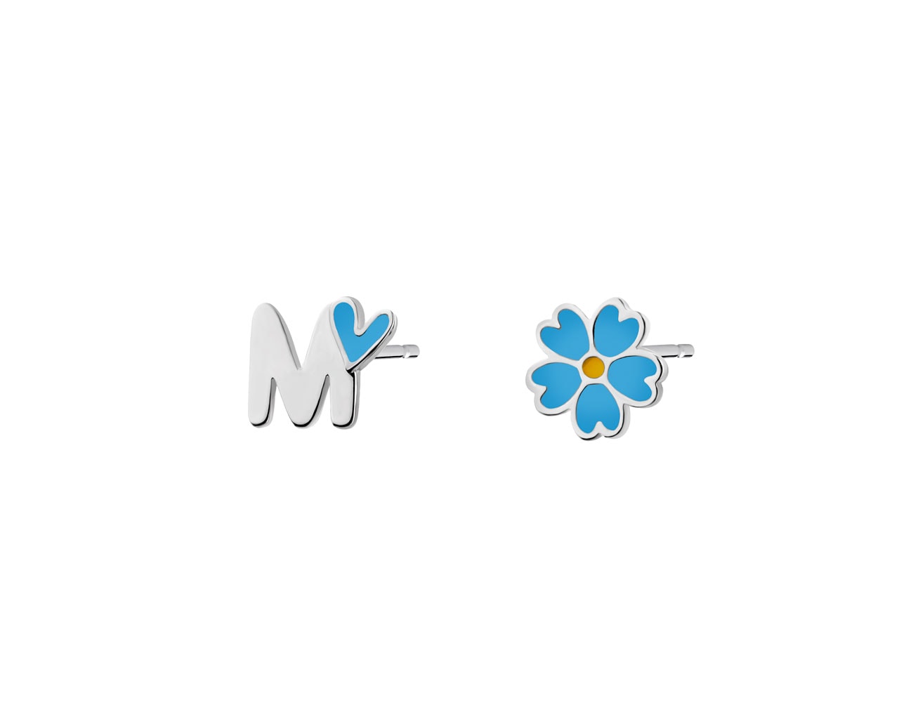 Stříbrné náušnice se smaltem - písmeno M, květ