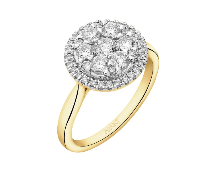 14 K Rhodium-Plated Yellow Gold Ring with Diamonds - 1,18 ct - fineness 14 K