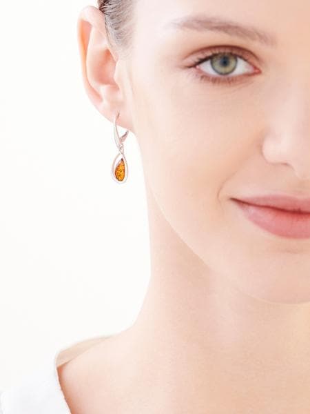 Rhodium Plated Silver Earrings with Amber