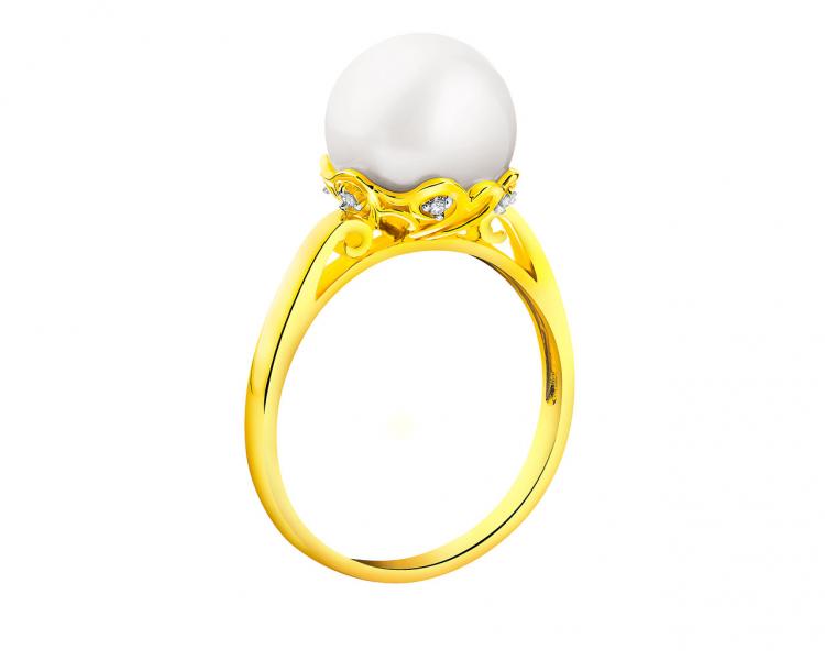 Prsten ze žlutého zlata s diamanty a perlou - ryzost 585
