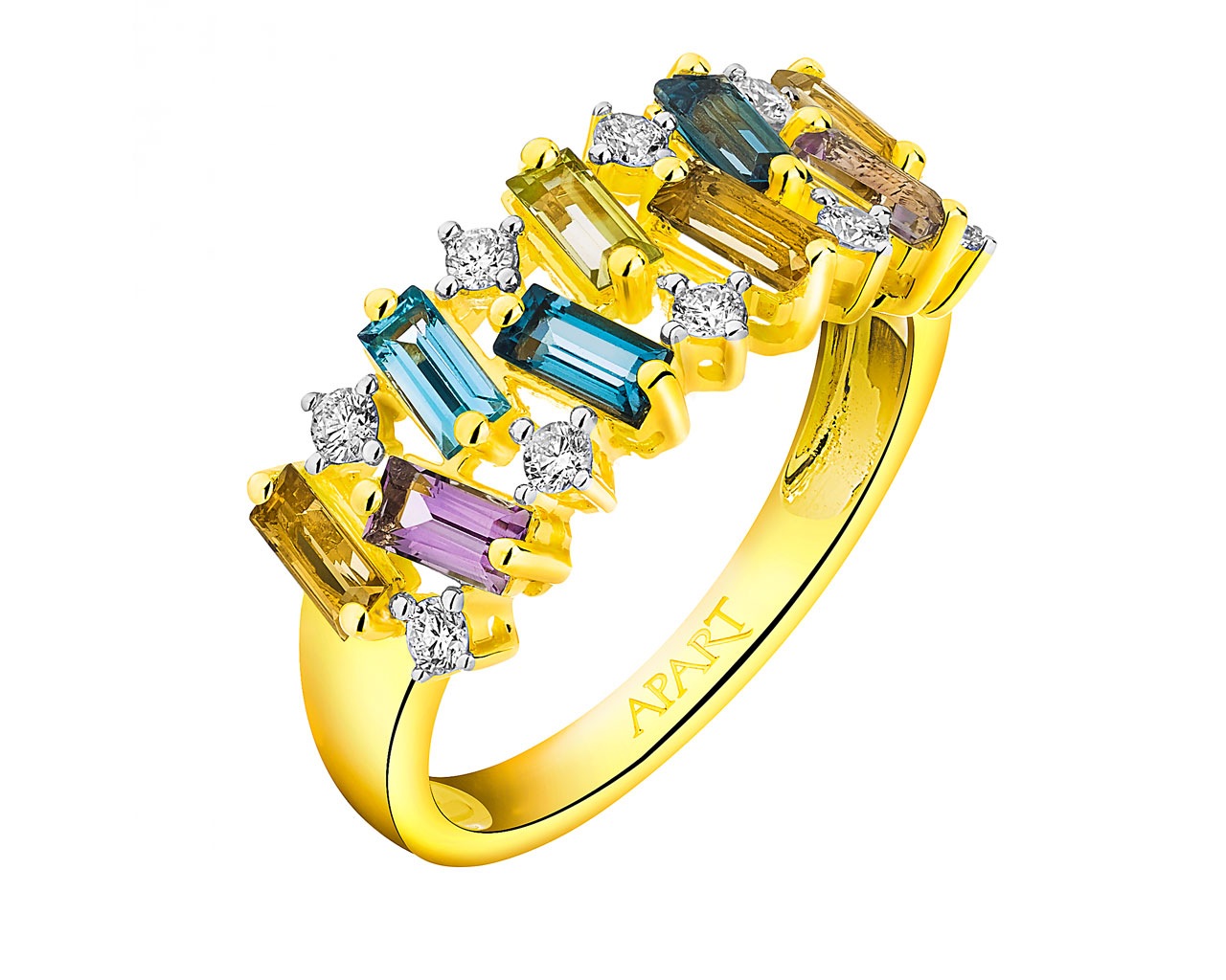 Prsten ze žlutého zlata s diamanty a drahokamy 0,19 ct - ryzost 585